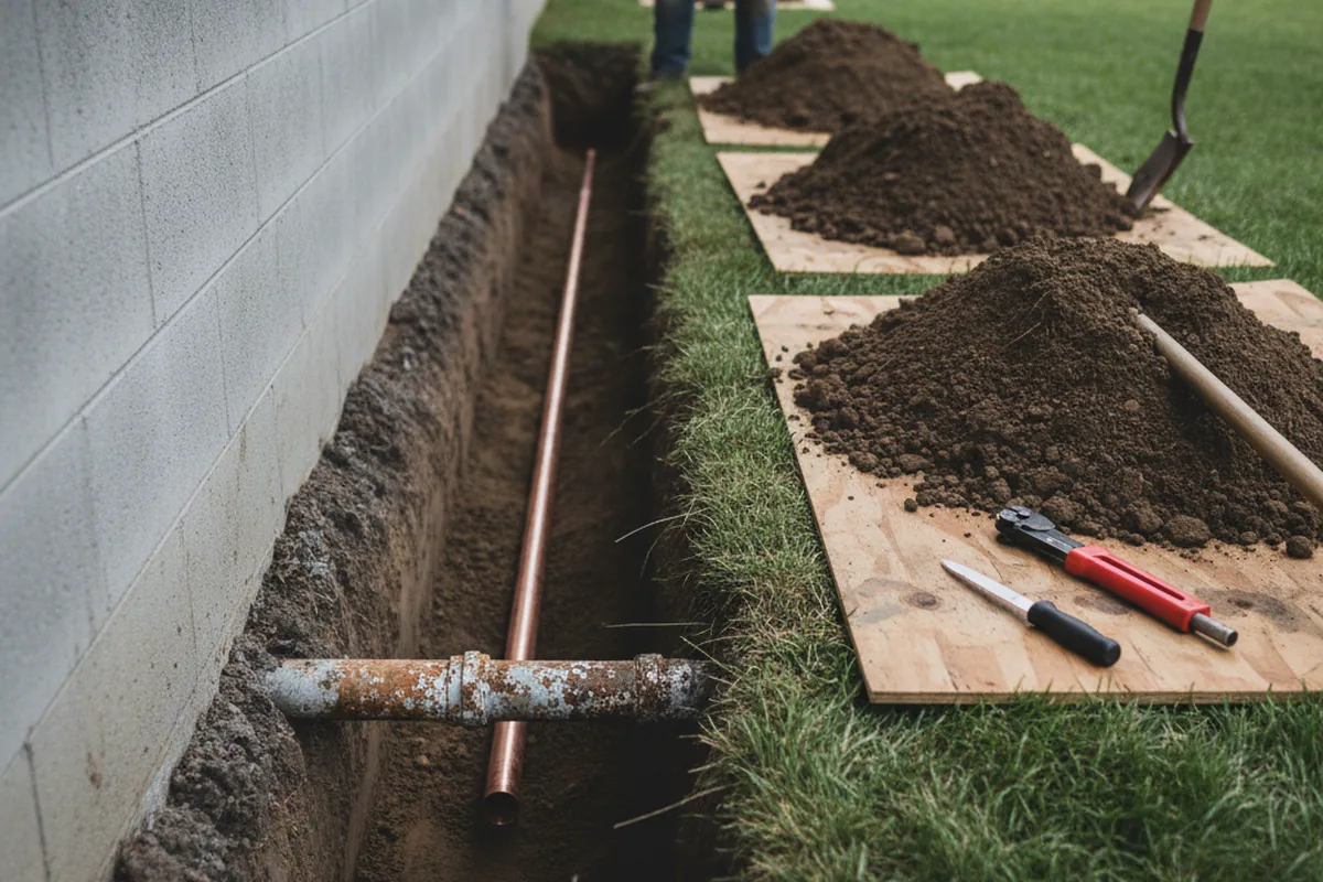 Excavated water line trench during Sewer Line Repair in Mc Gregor